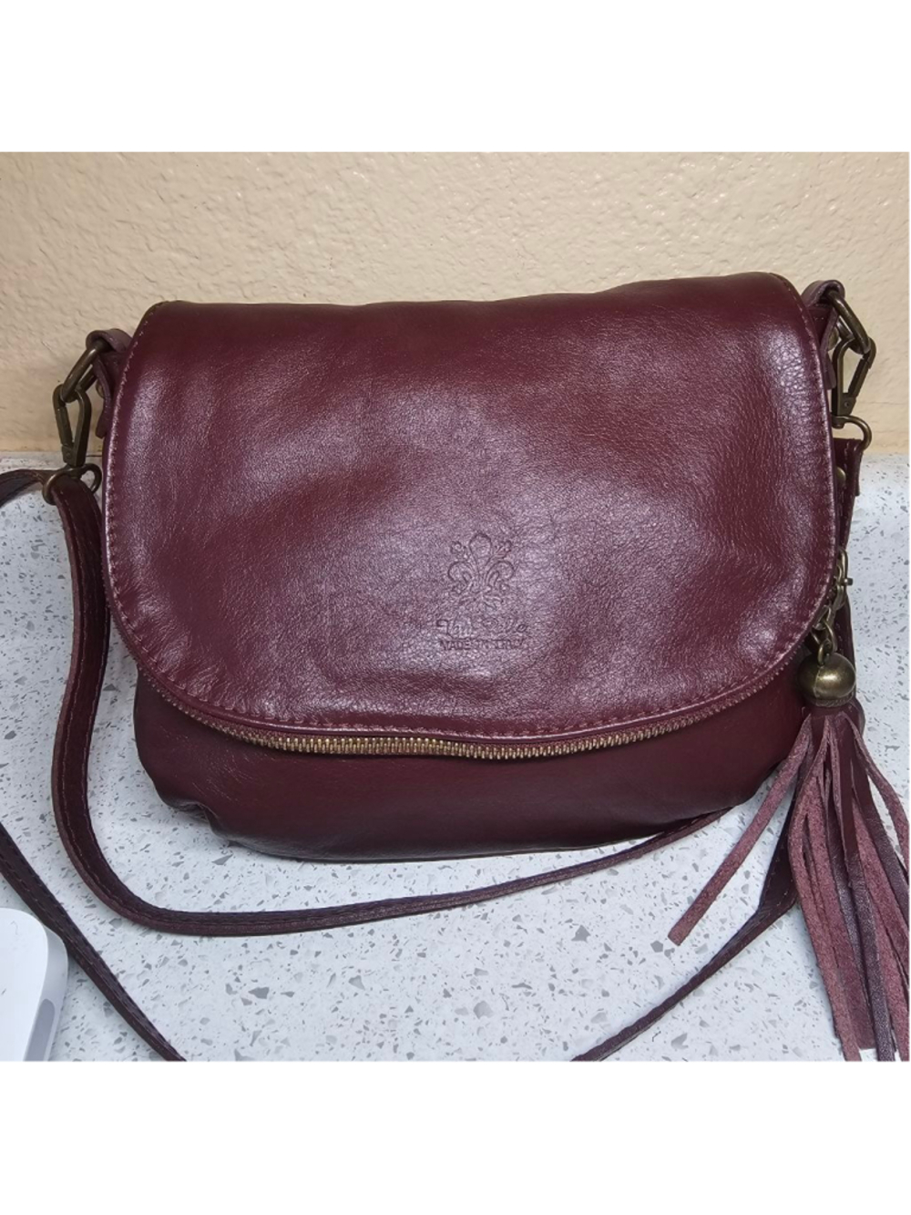 Borse in Pelle / Vera Pelle Burgundy Genuine Leather Crossbody Bag with Tassel